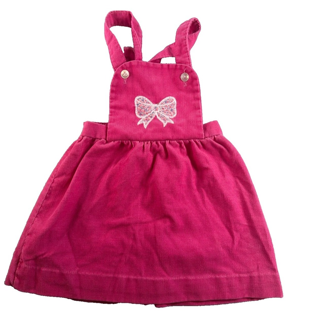 Girls Pink Corduroy Jumper Dress Bow Applique Overall Pinafore Toddler Cute